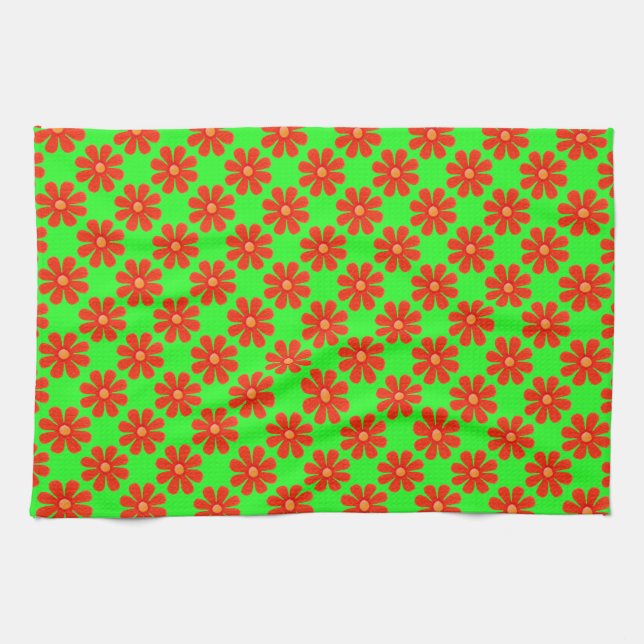 Paño De Cocina flores rojas de primavera, hermoso fondo verde (Horizontal)