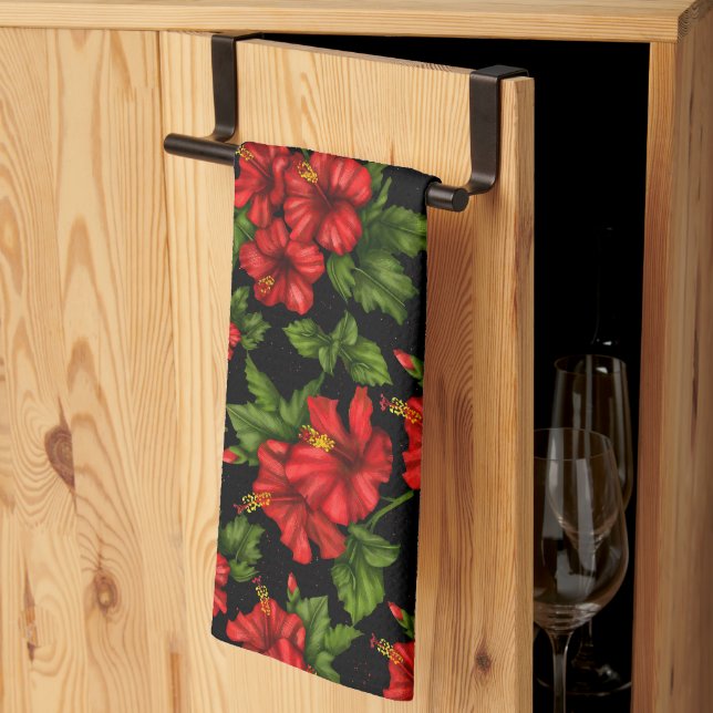 Paño De Cocina Flores rojas en el fondo negro (Pliegue de tercios)