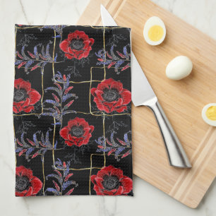 Paño De Cocina Flores rojas en negro.