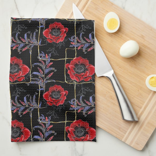 Paño De Cocina Flores rojas en negro. (Doblado Cuarto)