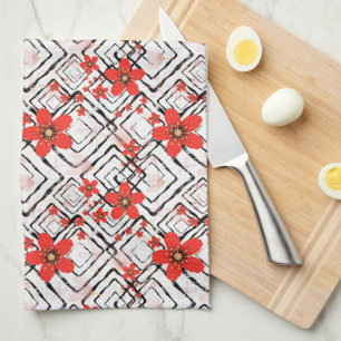 Paño De Cocina Flores rojas en un fondo blanco y negro.