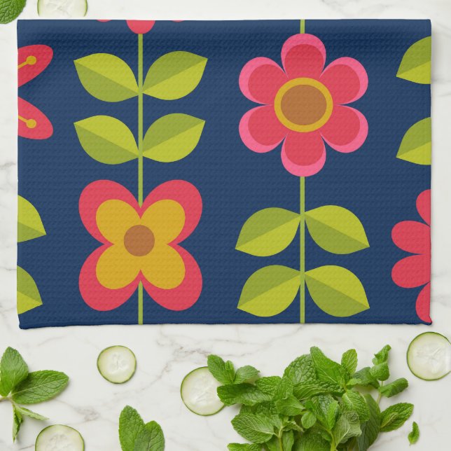 Paño De Cocina Flores rojas modernas de mediados del siglo XX con (Doblado)