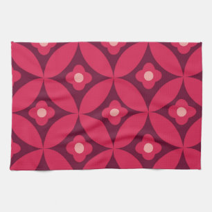 Paño De Cocina Flores rojas retro en patrón de círculos de mediad