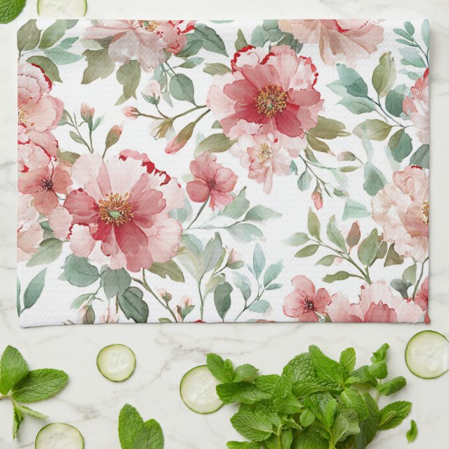 Paño De Cocina Flores rojas rosadas (Doblado)