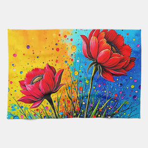 Paño De Cocina Flores Rojas Vibrantes Impresión Pop Art