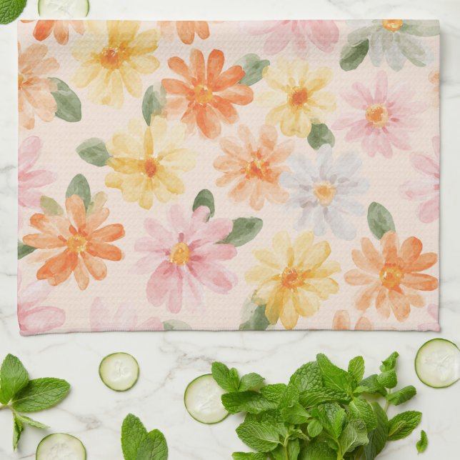 Paño De Cocina Flores Rosa Amarillo Azul Melocotón  (Doblado)