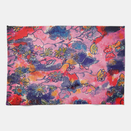 Paño De Cocina Flores rosa y morada Jardín Acuarela Original