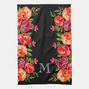 Paño De Cocina Flores rosadas de Naranja rojo en negro
