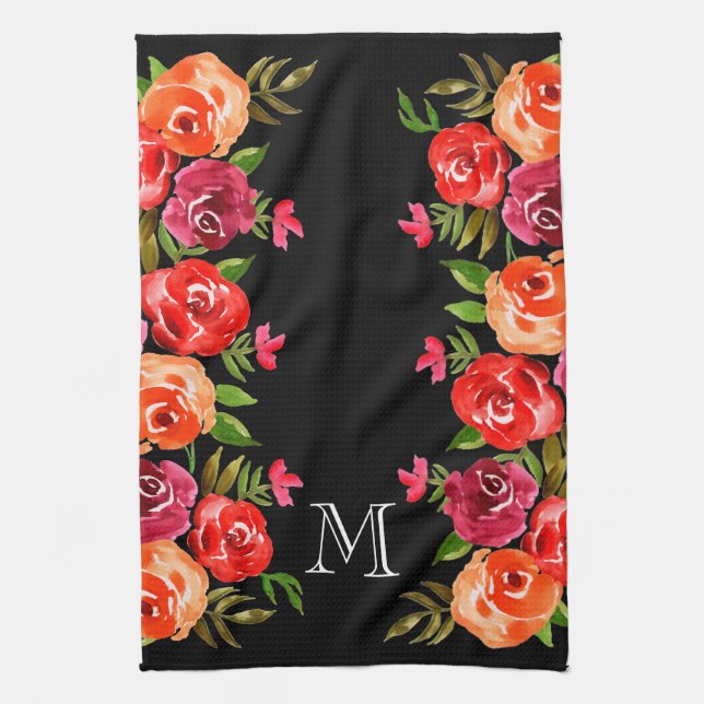 Paño De Cocina Flores rosadas de Naranja rojo en negro (Vertical)