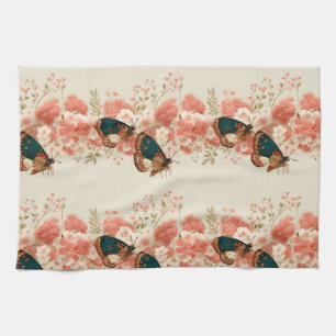 Paño De Cocina Flores rosadas de primavera vintage con mariposas
