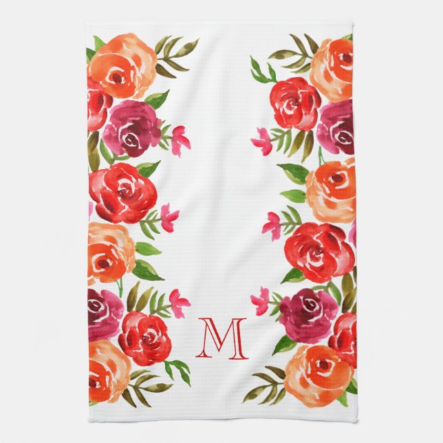 Paño De Cocina Flores rosadas Naranjas rojas monogramadas (Vertical)