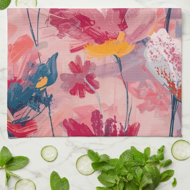 Paño De Cocina Flores rosadas pinceladas pintadas patrón botánico (Doblado)