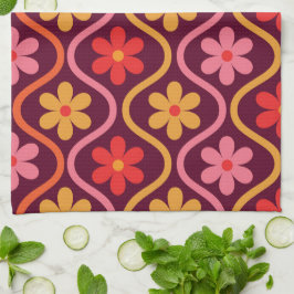 Paño De Cocina Flores rosadas rojas naranjas sobre patrón retro o