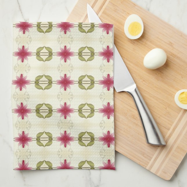 Paño De Cocina Flores rosas con blanco verde y beige (Doblado Cuarto)