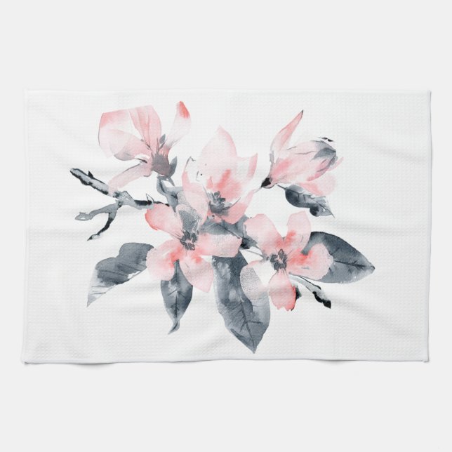 Paño De Cocina Flores rosas y grises acuarela clásica (Horizontal)