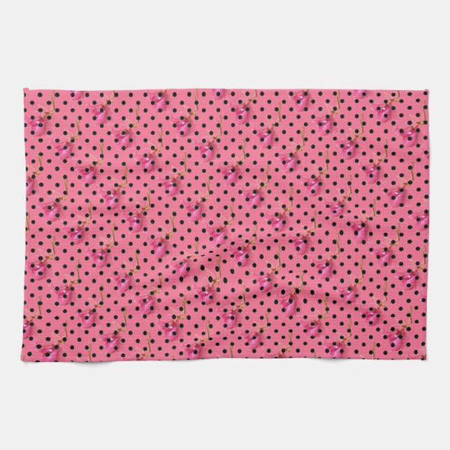 Paño De Cocina Flores rosas y puntos de polka negro (Horizontal)