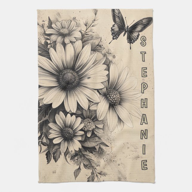 Paño De Cocina Flores rústicas y mariposa - Papel de edad (11) (Vertical)