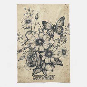 Paño De Cocina Flores rusticas y mariposa - Papel de edad (6)