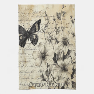 Paño De Cocina Flores Rústicas y Mariposa - Papel Envejecido