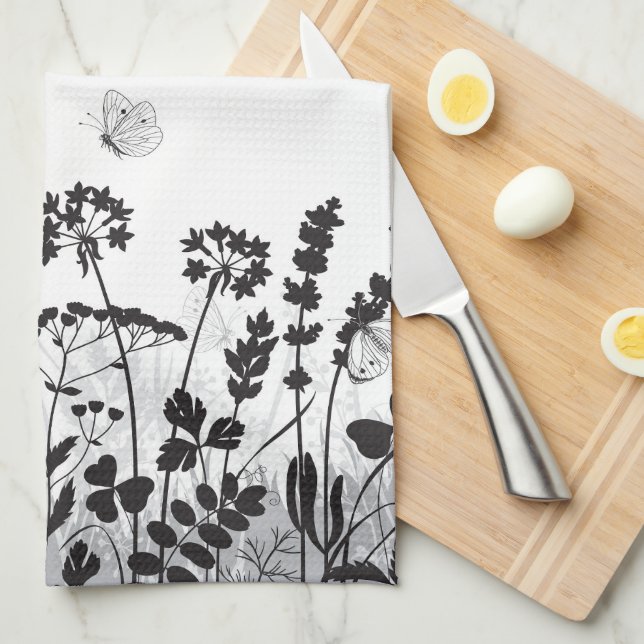 Paño De Cocina Flores salvajes de blanco y negro (Doblado Cuarto)