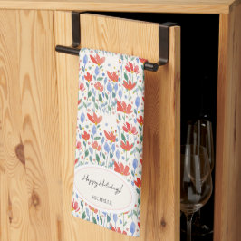 Paño De Cocina Flores Silvestres Acuarela En Rojo Y Azul Dulce