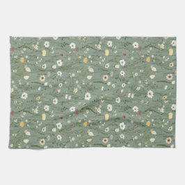 Paño De Cocina Flores silvestres amarillas blancas verde salvia B