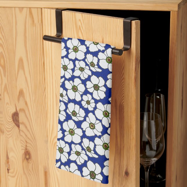 Paño De Cocina Flores silvestres boho sobre azul  (Pliegue de tercios)
