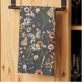 Paño De Cocina Flores silvestres en acuarela gris carbón