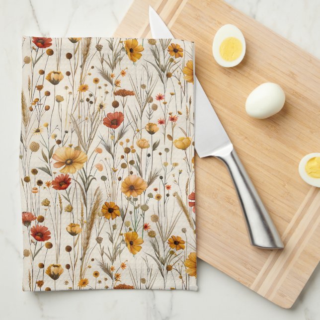 Paño De Cocina Flores silvestres rusas - Patrón floral de otoño b (Doblado Cuarto)