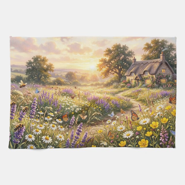 Paño De Cocina Flores silvestres y una linda cabaña (Horizontal)