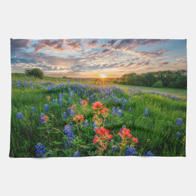 Paño De Cocina Flores | Texas Bluebonnets y pincel indio (Horizontal)