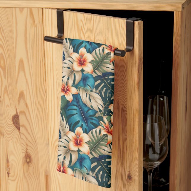 Paño De Cocina Flores tropicales con follaje azul y verde (Pliegue de tercios)