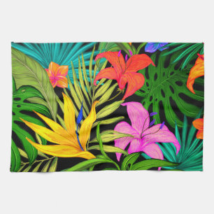 Paño De Cocina Flores tropicales y hojas de palma hawaianas