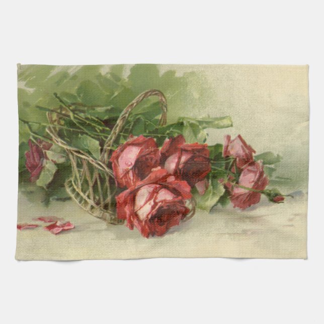 Paño De Cocina Flores Victorianas Antiguas, Rosas Rojas (Horizontal)