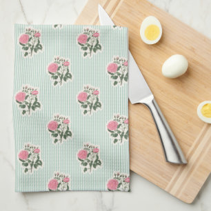 Paño De Cocina Flores Vintage Rosas Rosadas Rayas Verdes