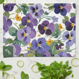 Paño De Cocina Flores violetas monogramadas Bonito Botánica flora