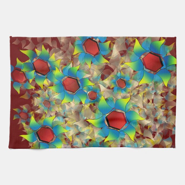 Paño De Cocina Flores virtuales raras, pétalos azulados sobre roj (Horizontal)