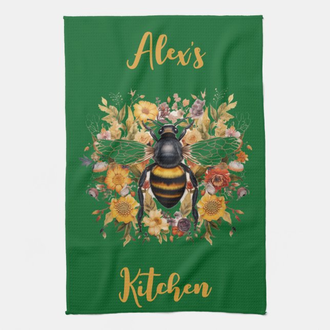 Paño De Cocina Flores y abejas personalizadas - (Vertical)