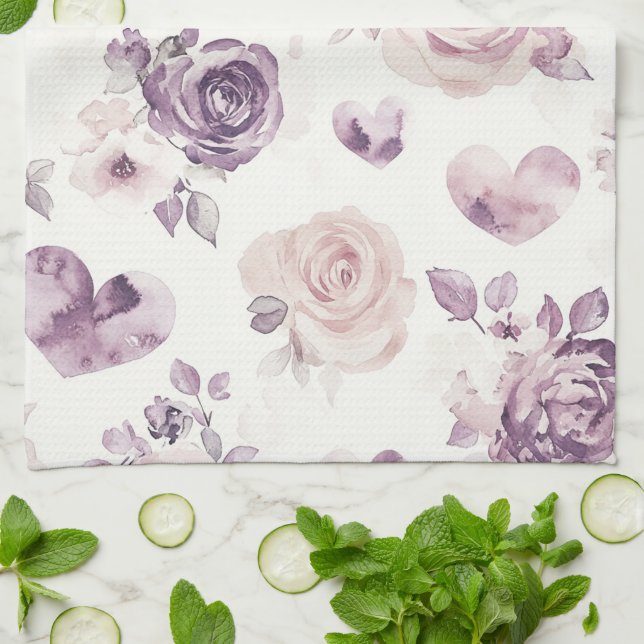 Paño De Cocina Flores y Corazones Rosa Purpura   (Doblado)