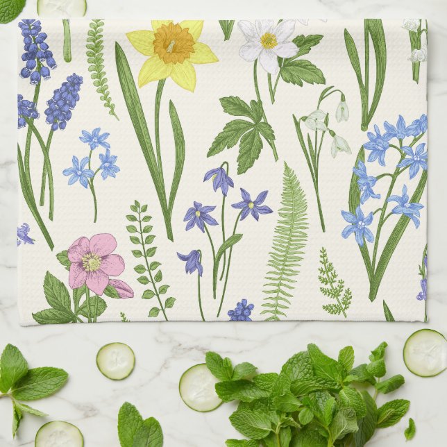 Paño De Cocina Flores y hierbas de primavera antiguas (Doblado)