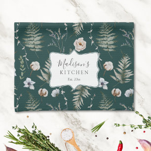Paño De Cocina Flores y Hojas de Helecho Bosque Floral Botánico