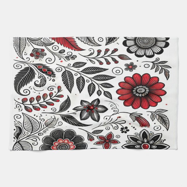 Paño De Cocina Flores y hojas de perro en rojo y negro (Horizontal)