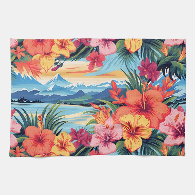 Paño De Cocina Flores y paisajes tropicales coloridos (Horizontal)