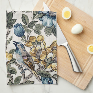 Paño De Cocina Flores y pájaros azules y dorados exóticos