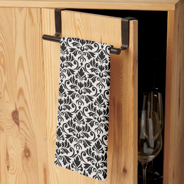 Paño De Cocina Flourish Damask Pattern Black on Cream (Pliegue de tercios)