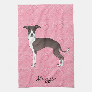 Paño De Cocina Foca y galgo italiano blanco sobre corazones rosas