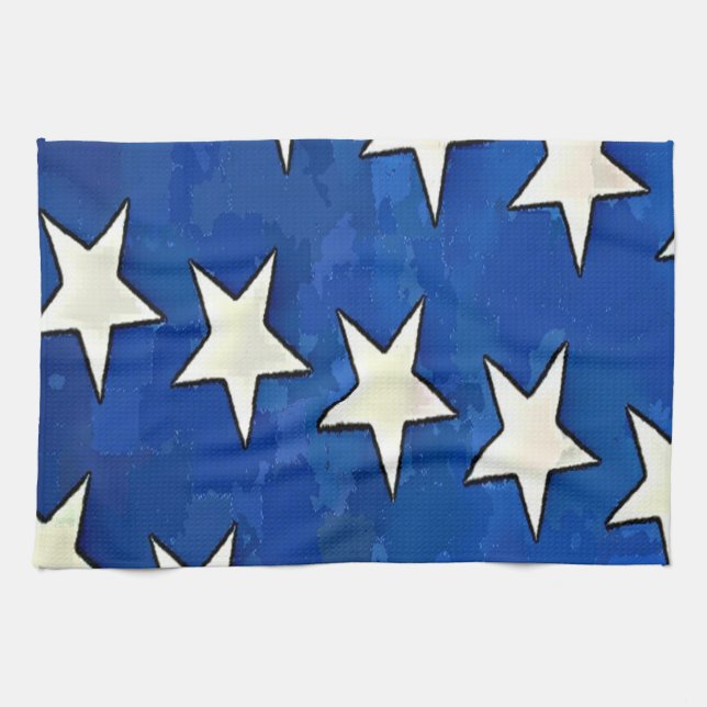 Paño De Cocina Fondo azul de las estrellas blancas (Horizontal)