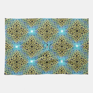 Paño De Cocina Fondo del Monograma Victoriano Golden Trim Aqua