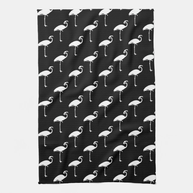 Paño De Cocina Fondo negro de los flamencos tropicales blancos (Vertical)
