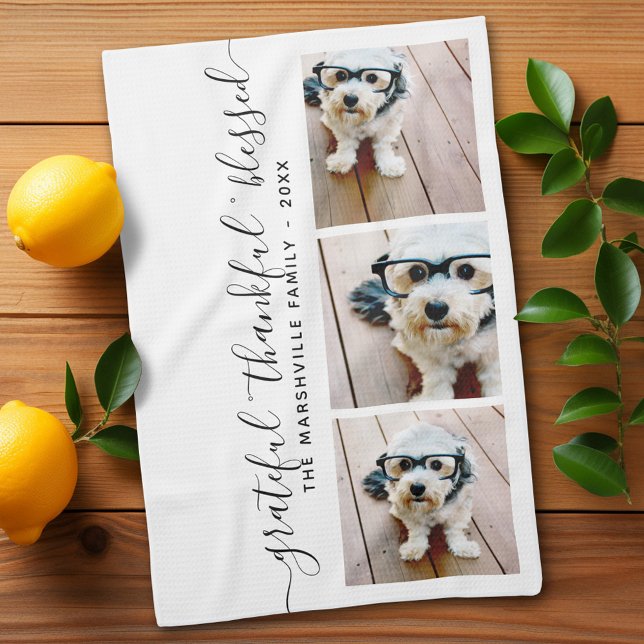 Paño De Cocina Foto caligrafía moderna agradecida bendecida (Personalized Kitchen Towel with photos and text - Makes a great gift)